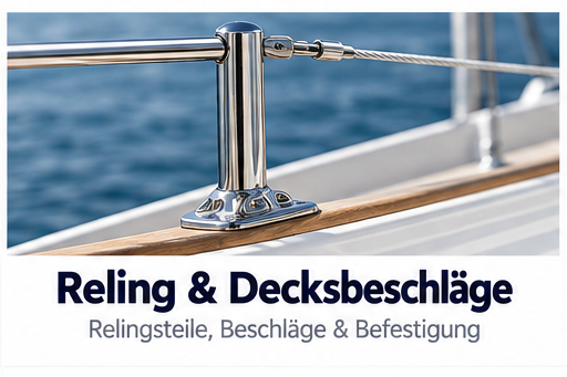 Polierter Relingfuss aus Edelstahl auf einer Holzteilleiste am Bootsdeck mit Reling und Drahtseil