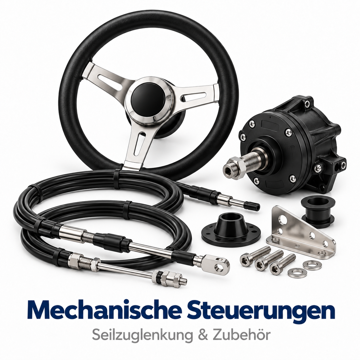Komplettes Set einer mechanischen Seilzuglenkung mit Lenkrad, Lenkgetriebe, Kabeln und Montagematerial.