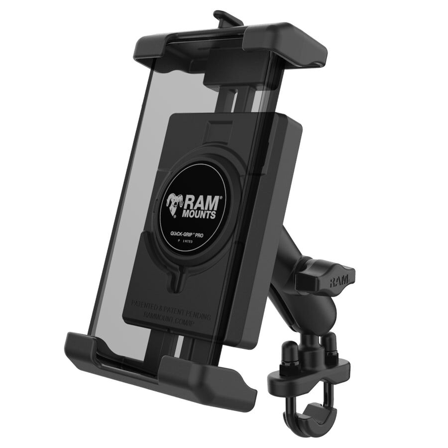 RAM Mounts Quick-Grip™ Pro XL Universal Lenker-/Rohr-Halterung - B-Kugel (1 Zoll), Schraub-Klemme (12,7-31,8 mm), mittlerer Verbindungsarm, MagSafe kompatibel