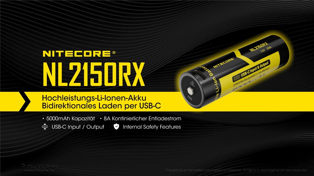Nitecore Li-Ion Akku Typ 21700 - 5000mAh - NL2150RX mit Powerbank-Funktion