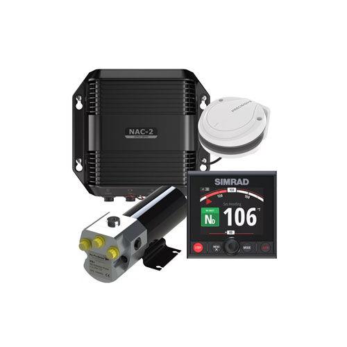 Simrad Autopilot System mit NAC-2 Steuergerät, Display, Pumpe und Kompass auf weiBem Grund