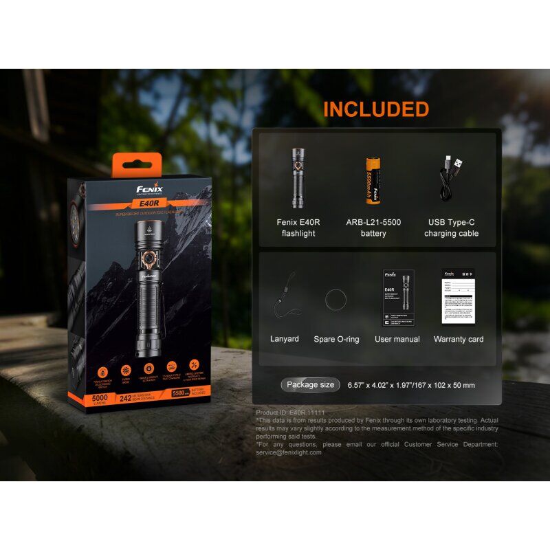 Fenix E40R LED EDC Taschenlampe als komplettes Set mit LEDs, USB-C und Magnetfuß.