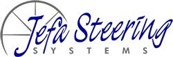 Das blaue Firmenlogo von Jefa Steering mit angedeutetem Steuerrad im Hintergrund.