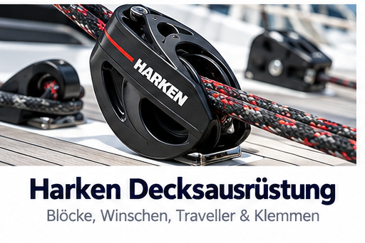 Harken Decksausrüstung mit schwarzem Block und rot-schwarzem Tauwerk auf einem Schiffsdeck.