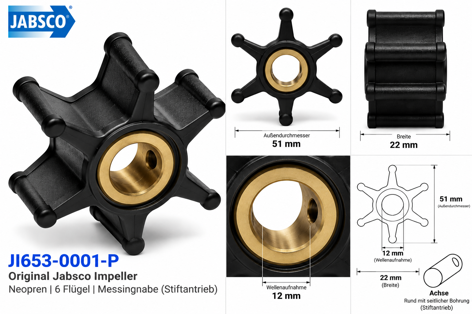 Jabsco Impeller-Kit Neopren/Ms 51mm, 6 Flügel, mit Maßen in der technischen Zeichnung.