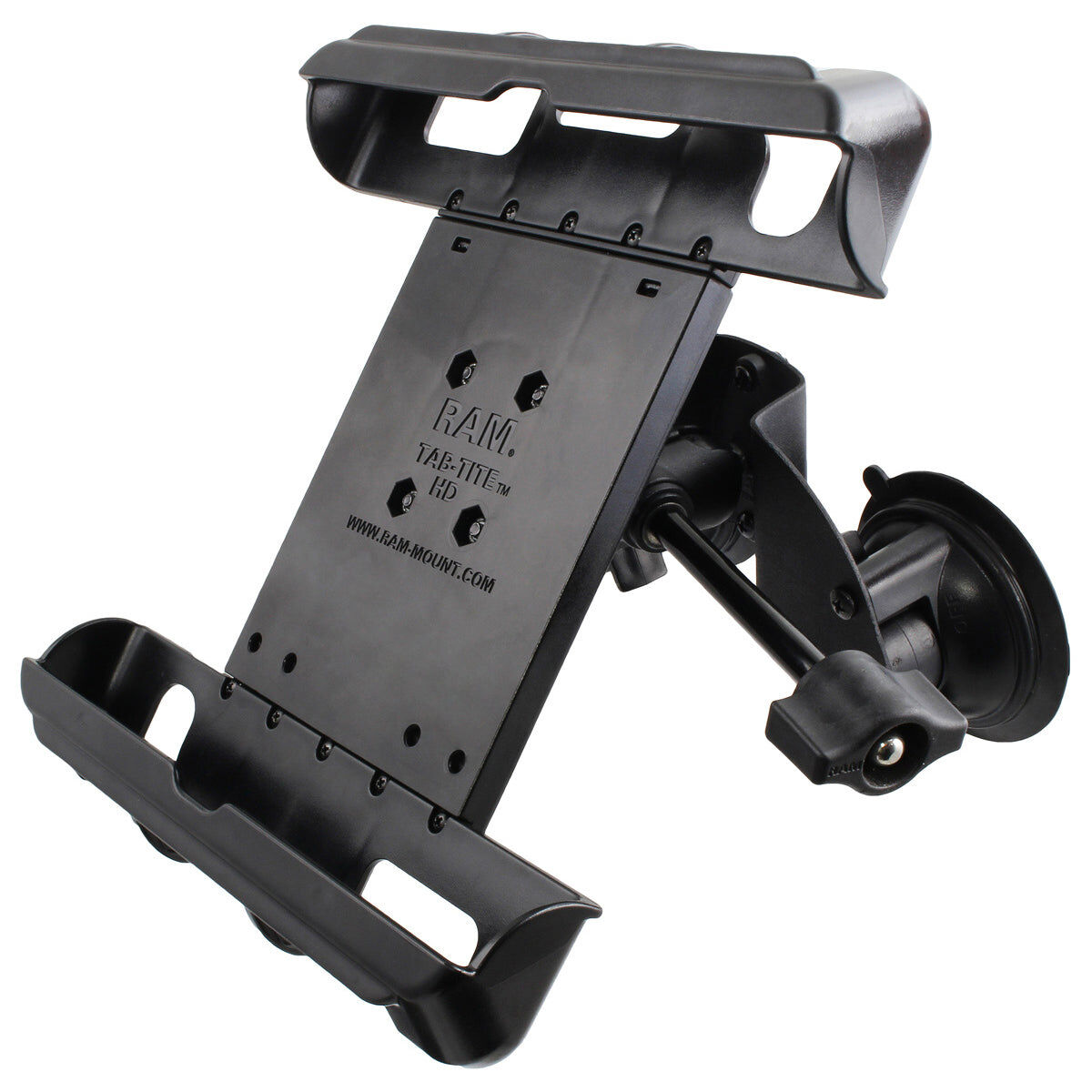 RAM Mounts Doppel-Saugfuss-Halterung für Apple iPad Gen 1-4 (mit Schutzhüllen/-gehäusen) - B-Kugel (1 Zoll), Tab-Tite Halteschale, kurzer Verbindungsarm (mit langem Feststellhebel)