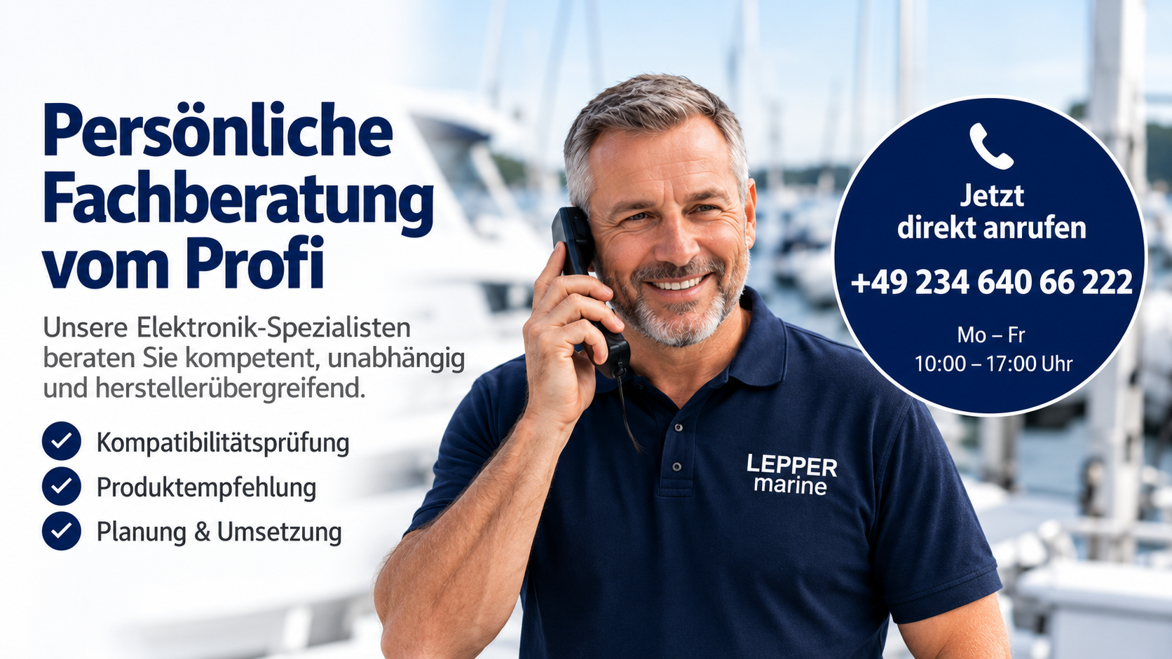 Ein Mitarbeiter von Lepper Marine telefoniert und bietet persönliche Fachberatung für Bootselektronik an.