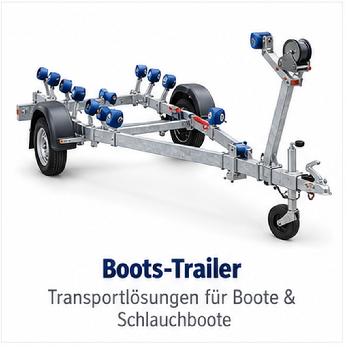 Verzinkter Boots-Trailer mit blauen Rollen und Stützrad auf weißem Hintergrund