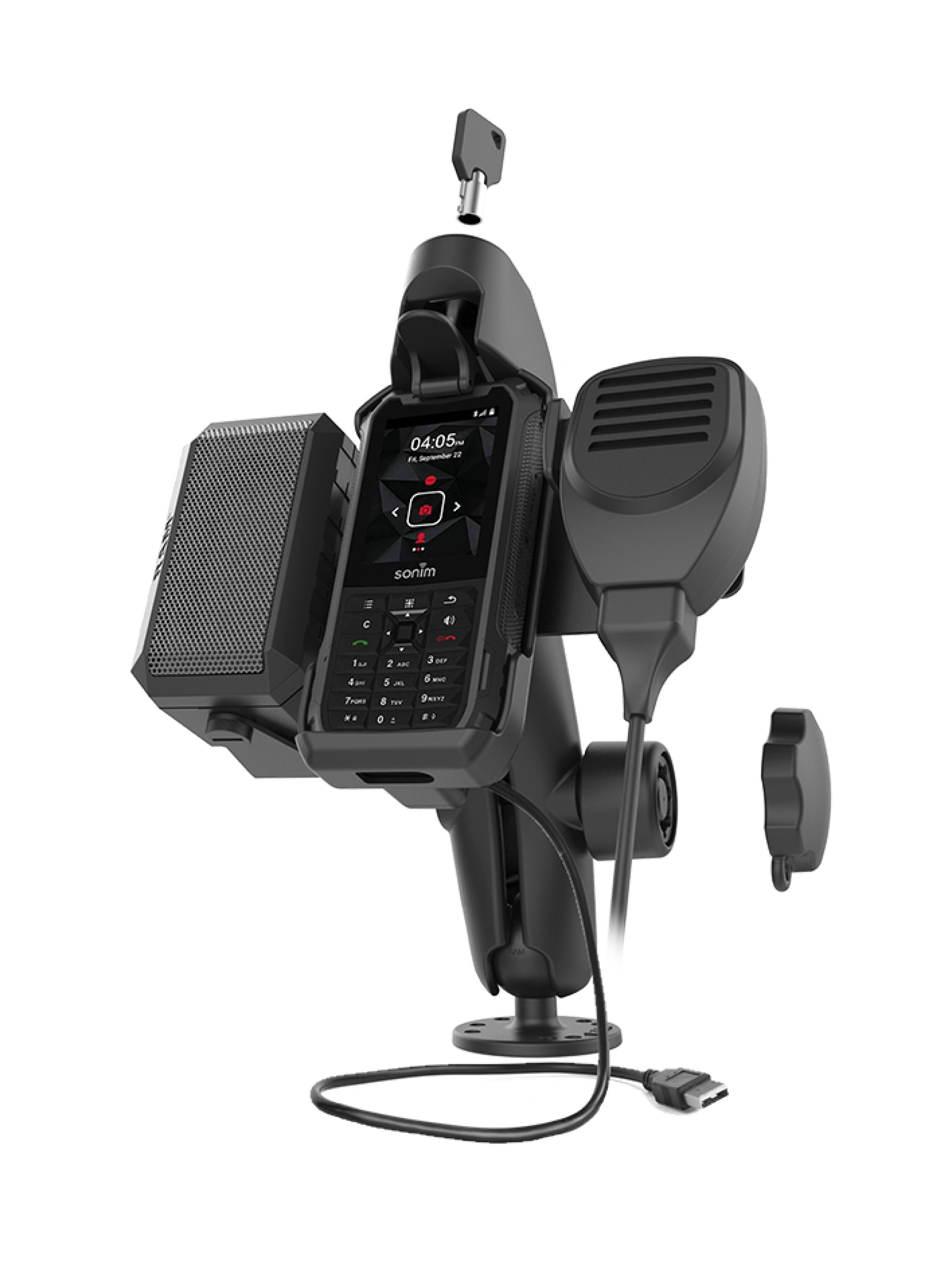 RAM Mounts Aufbau-Halterung Sonim XP5s - C-Kugel (1,5 Zoll), abschließbar, inkl. Lautsprecher u. Kabel, 4-Loch AMPS