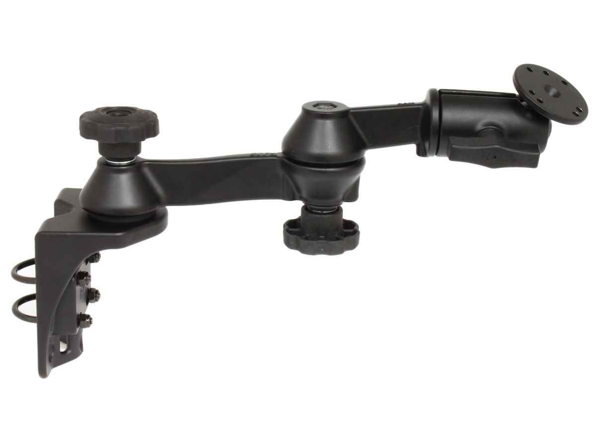 RAM Mounts Doppel-Schwenkarm mit Vertikal-Rohrbasis - Armlänge zusammen ca. 300 mm, Verbindungsarm, runde Basisplatte, C-Kugel (1,5 Zoll), im Polybeut