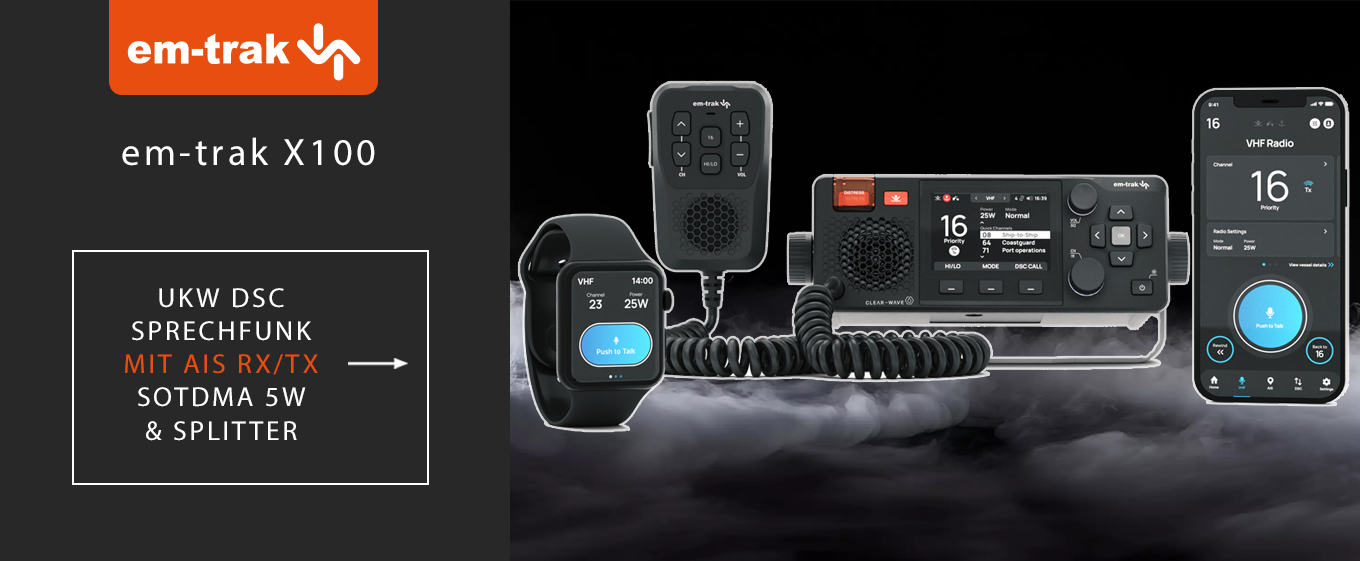Das em-trak X100 UKW DSC Sprechfunkgerät mit integriertem AIS RX/TX und Handmikrofon, verbunden mit Smartphone und