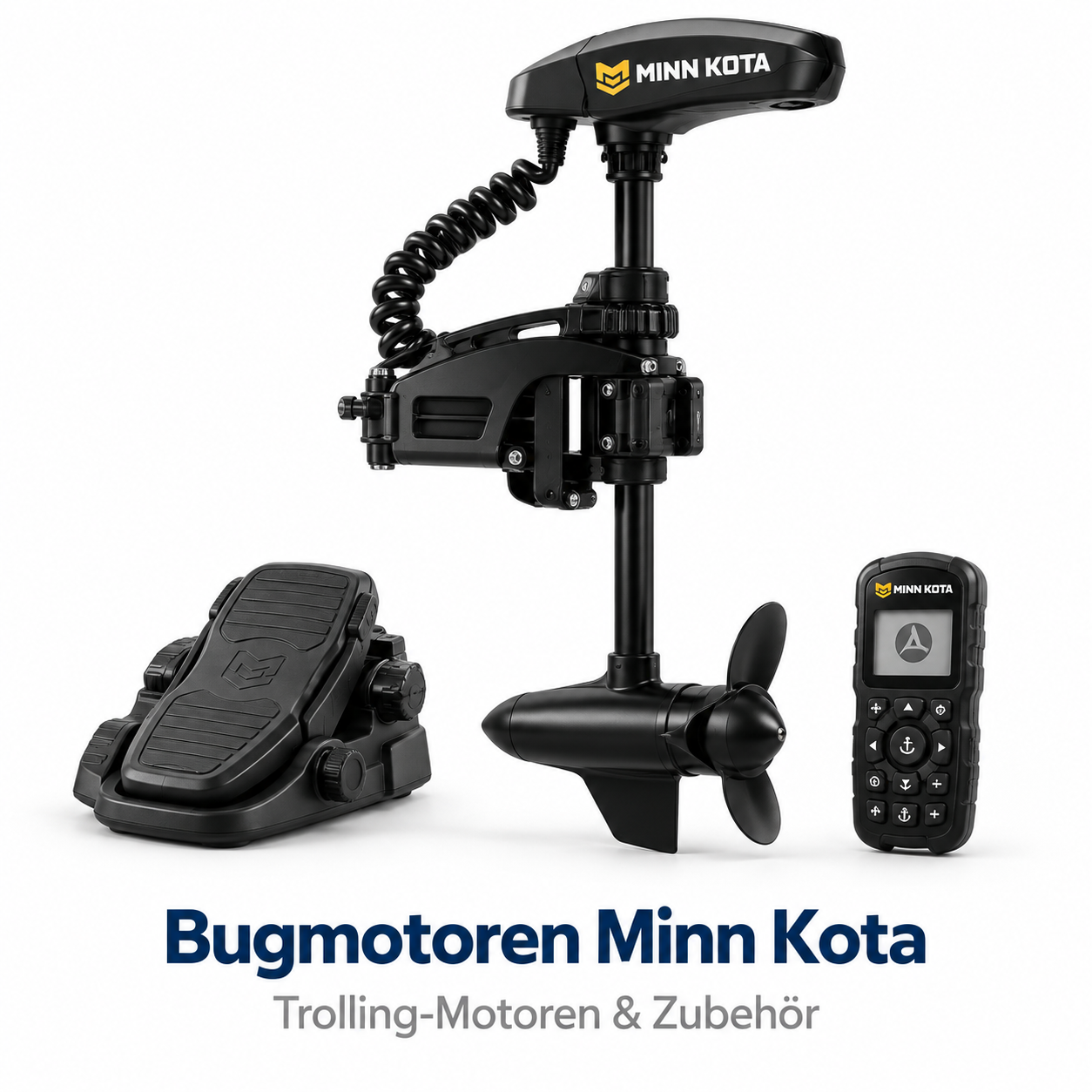 Minn Kota Bugmotor in Schwarz mit Fusssteuerung und handlicher Fernbedienung vor weissem Hintergrund