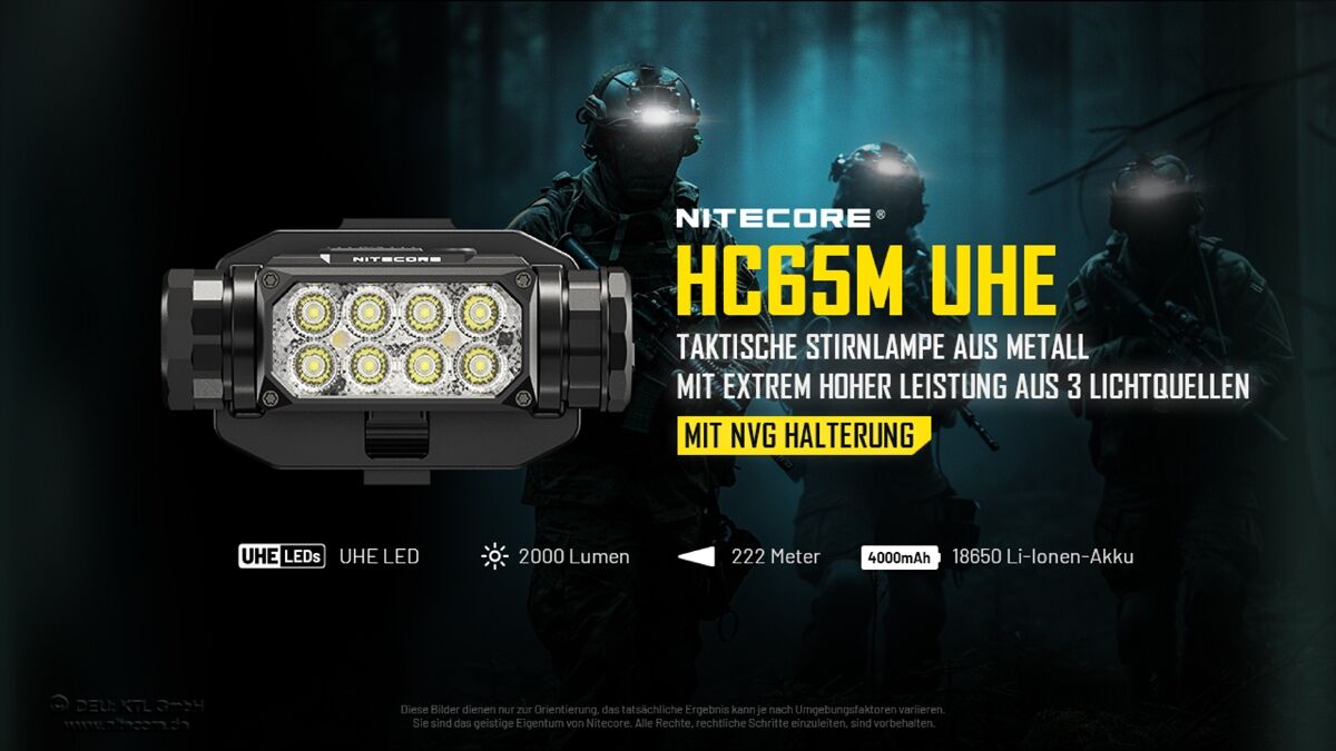 Nitecore HC65M UHE - 2000 Lumen, drei Lichtquellen, inkl. Akku und NVG-Halterung