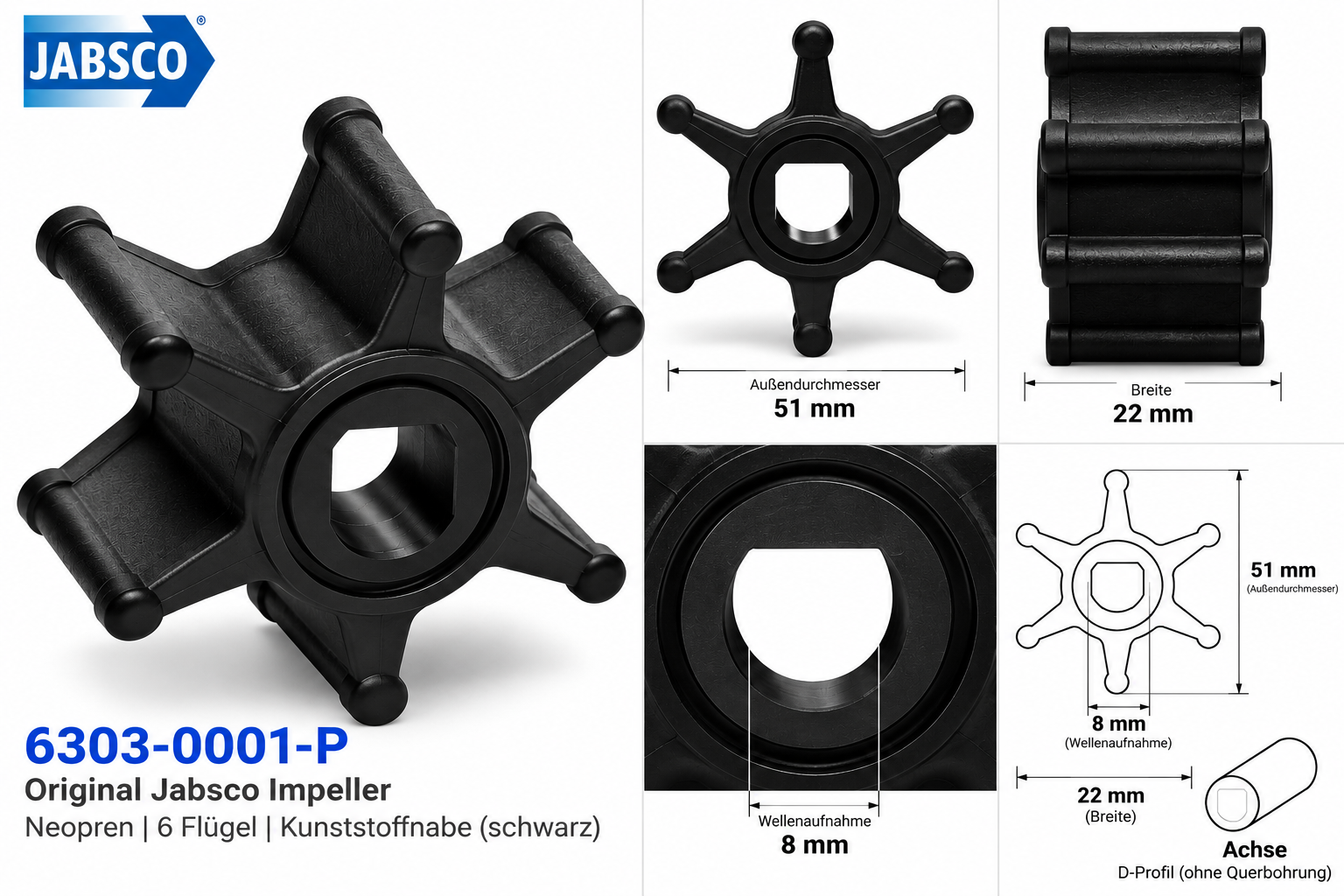Jabsco Impeller-Kit Neopren/Kunststoff 51mm, 6 Flügel inkl. Dichtung in Maßzeichnung