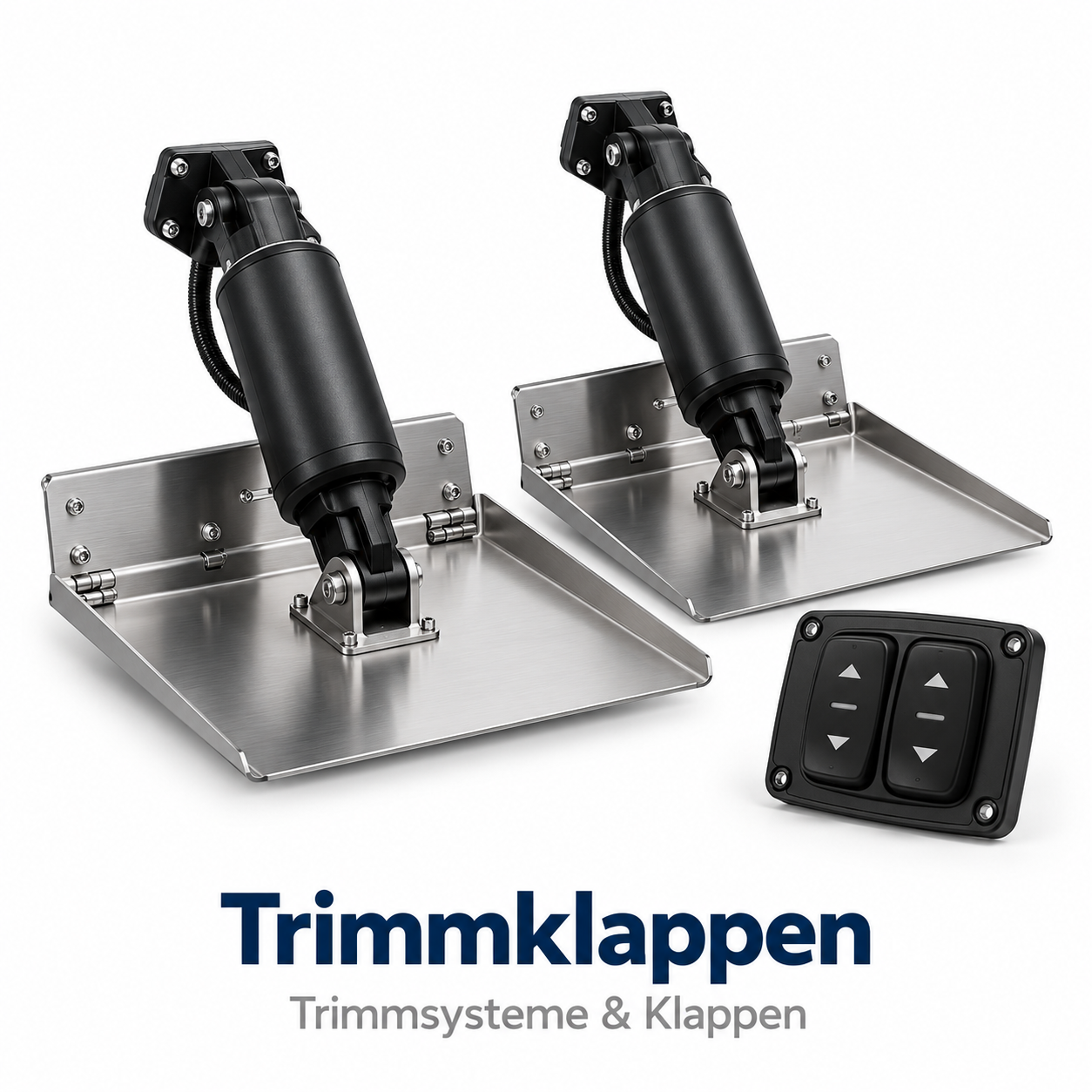 Zwei Edelstahl Trimmklappen mit elektrischen Zylindern und ein passendes Bedienteil mit Tasten.