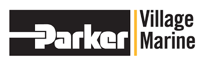 Das Firmenlogo von Parker Village Marine mit schwarzem Parker-Schriftzug und orangem Trenner.