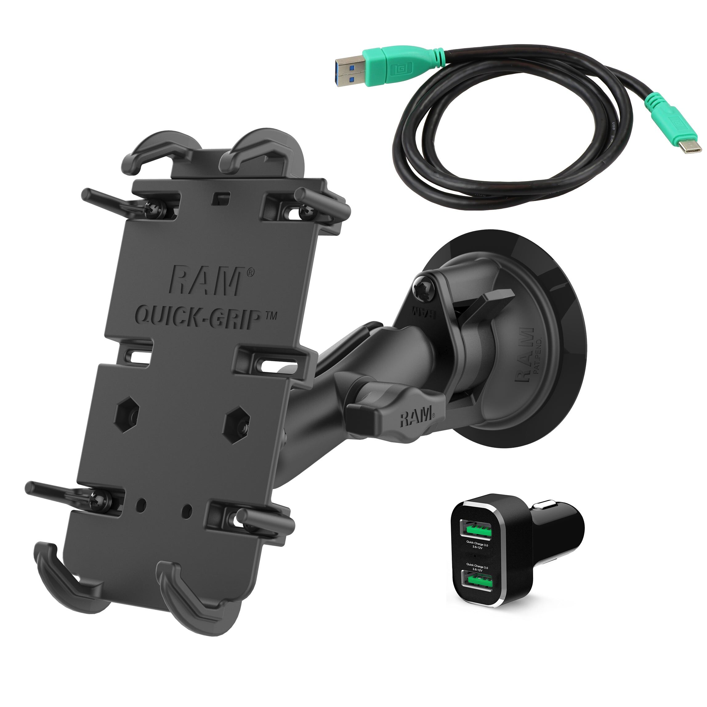 RAM Mounts Quick-Grip XL Saugfuss-Halterung mit Zubehör - B-Kugel (1 Zoll), USB-C