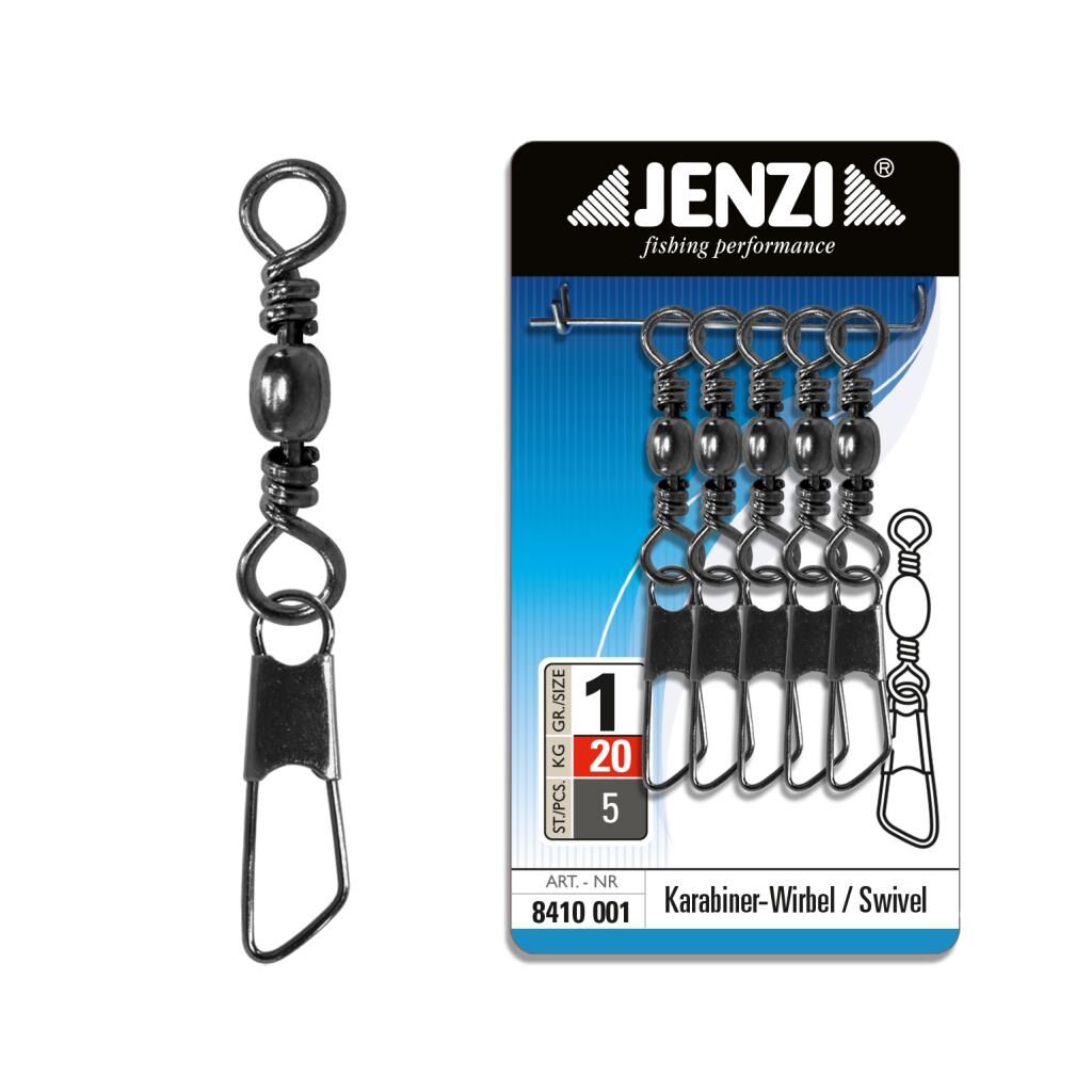 Jenzi Karabiner-Wirbel in Black-Nickel, Größe 1, bis 20 kg.