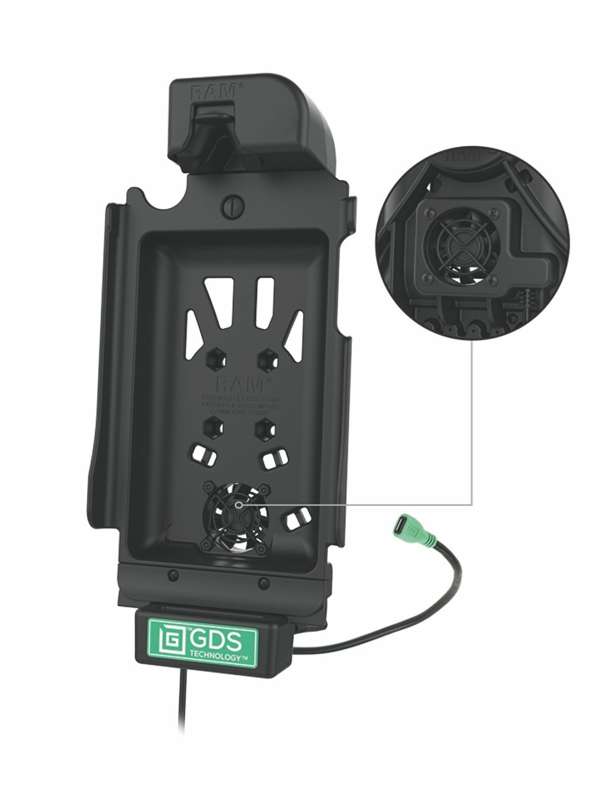 RAM Mounts GDS Cool-Dock Halteschale (Schnappverschluss) für Samsung Tab Active3 & Active5 - in IntelliSkin Next Gen Schutzhülle - Mit Lüfter - USB-C-Anschluss
