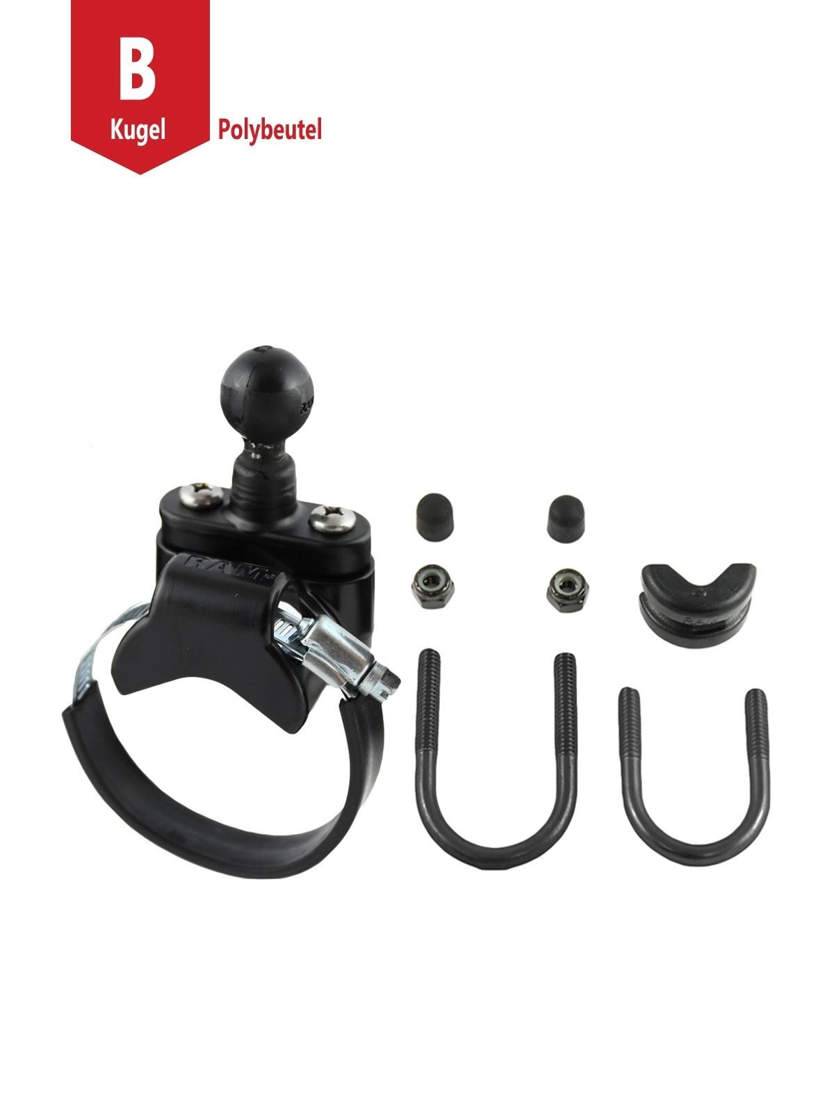 RAM Mounts V-Basis mit Rohrschelle - B-Kugel (1 Zoll), Durchmesser 12,7-31,8 mm (U-Bügel) / 39,9-80,0 mm (Schelle), U-Bügel verzinkt, Durchmesserverkl