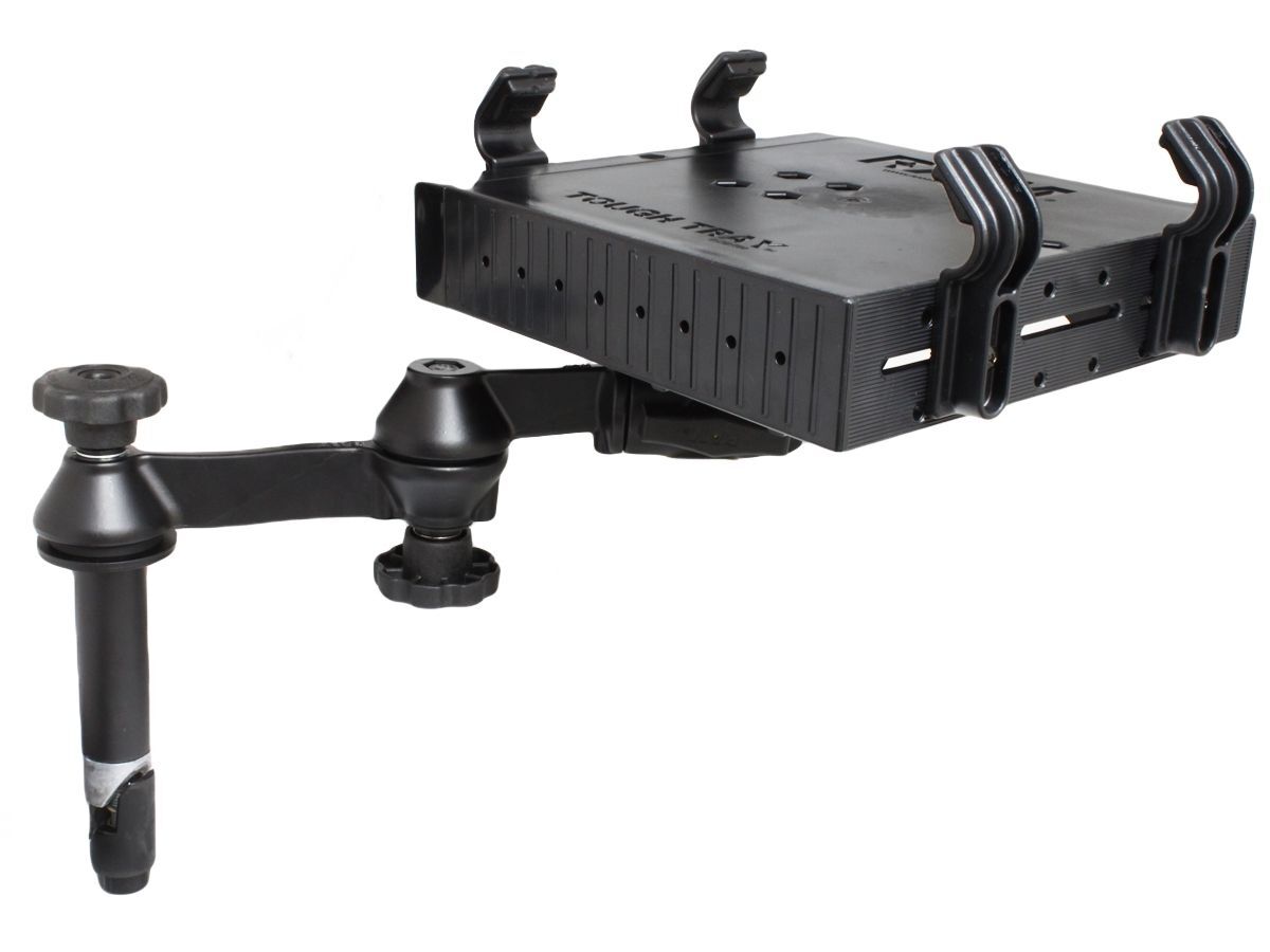 RAM Mounts Doppel-Schwenkarm mit Tele-Pole (ca. 100 mm) und Laptop-Halteschale - Octagon-Verbindungsarm, runde Basisplatte, Tough-Tray Halteschale, C-