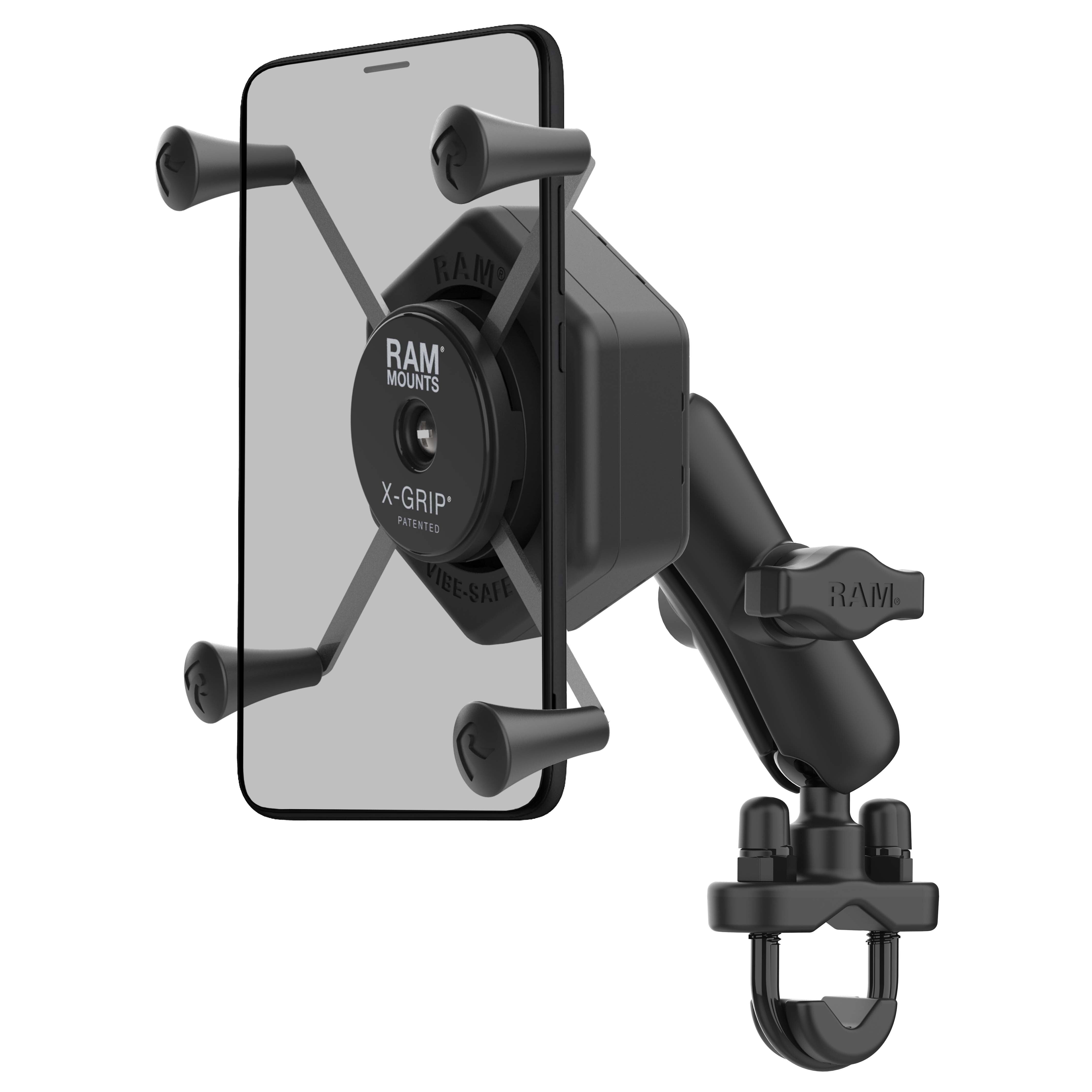 RAM Mounts X-Grip Lenker-/Rohr-Halterung für Smartphones bis 114,3 mm Breite mit Vibe-Safe Adapter - B-Kugel (1 Zoll), Rohr-Klemme, mittlerer Verbindungsarm
