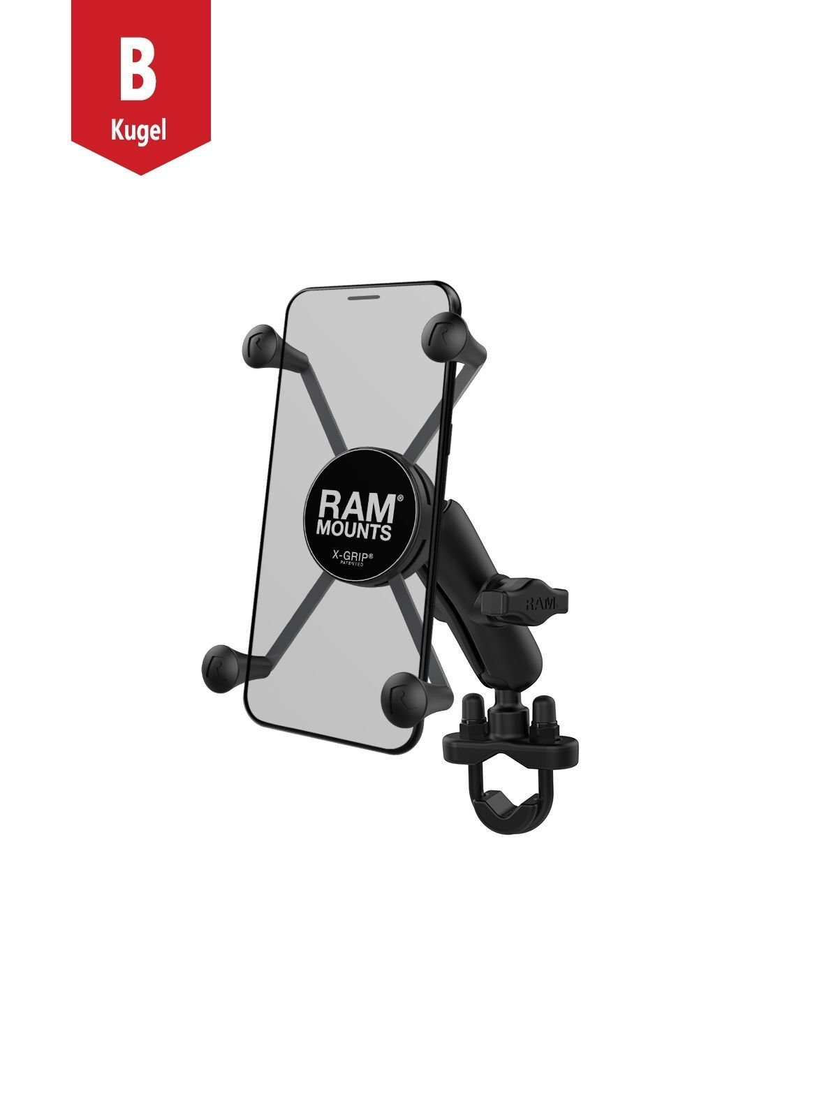 RAM Mounts X-Grip Lenker-Halterung für Smartphones - Bis 114,3 mm Breite - Mittlerer Verbindungsarm - U-Bügel Basis (Durchmesser 12,7 mm bis 31,75 mm) - B-Kugel (1 Zoll)