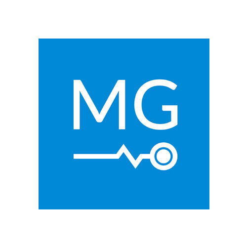 Das blaue Firmenlogo der Marke MG Energy Systems mit weißen Buchstaben und einem Linienmuster.