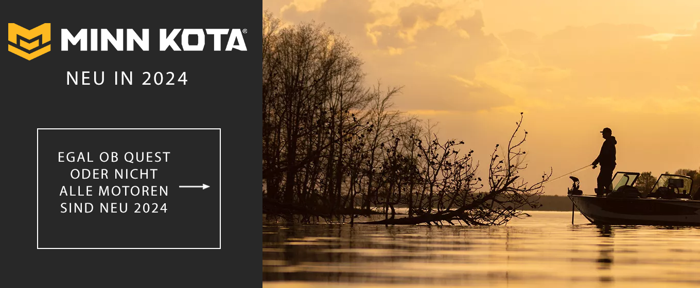 Minn Kota Neuheiten 2024 Banner mit einem Angler im Boot vor einer Uferlandschaft bei Sonnenuntergang.