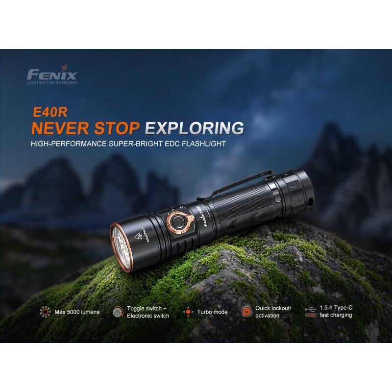 Fenix E40R LED EDC Taschenlampe in Verwendung, mit bis zu 5.000 Lumen.