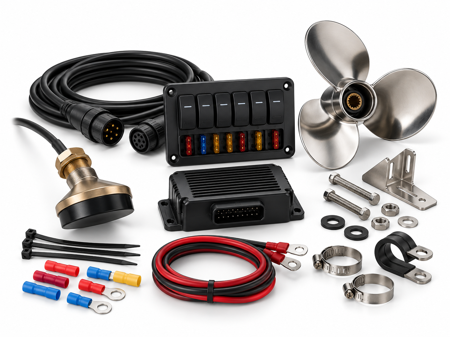 Verschiedene Ersatzteile und Zubehör für Boote, darunter Schalterpanel, Kabel, Propeller und Sensor.