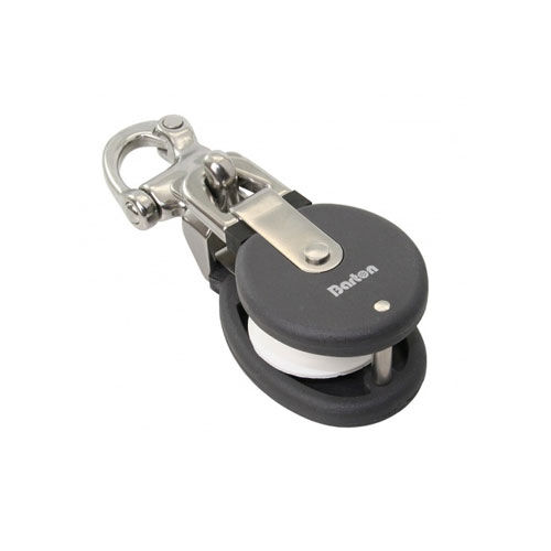 Barton Snatch Block mit Edelstahl-Karabiner und grauer Rolle auf weißem Hintergrund