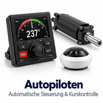 Bootsautopilot Set bestehend aus Bedienteil mit Display, Motor und Steuerkompass vor weißem Hintergrund.