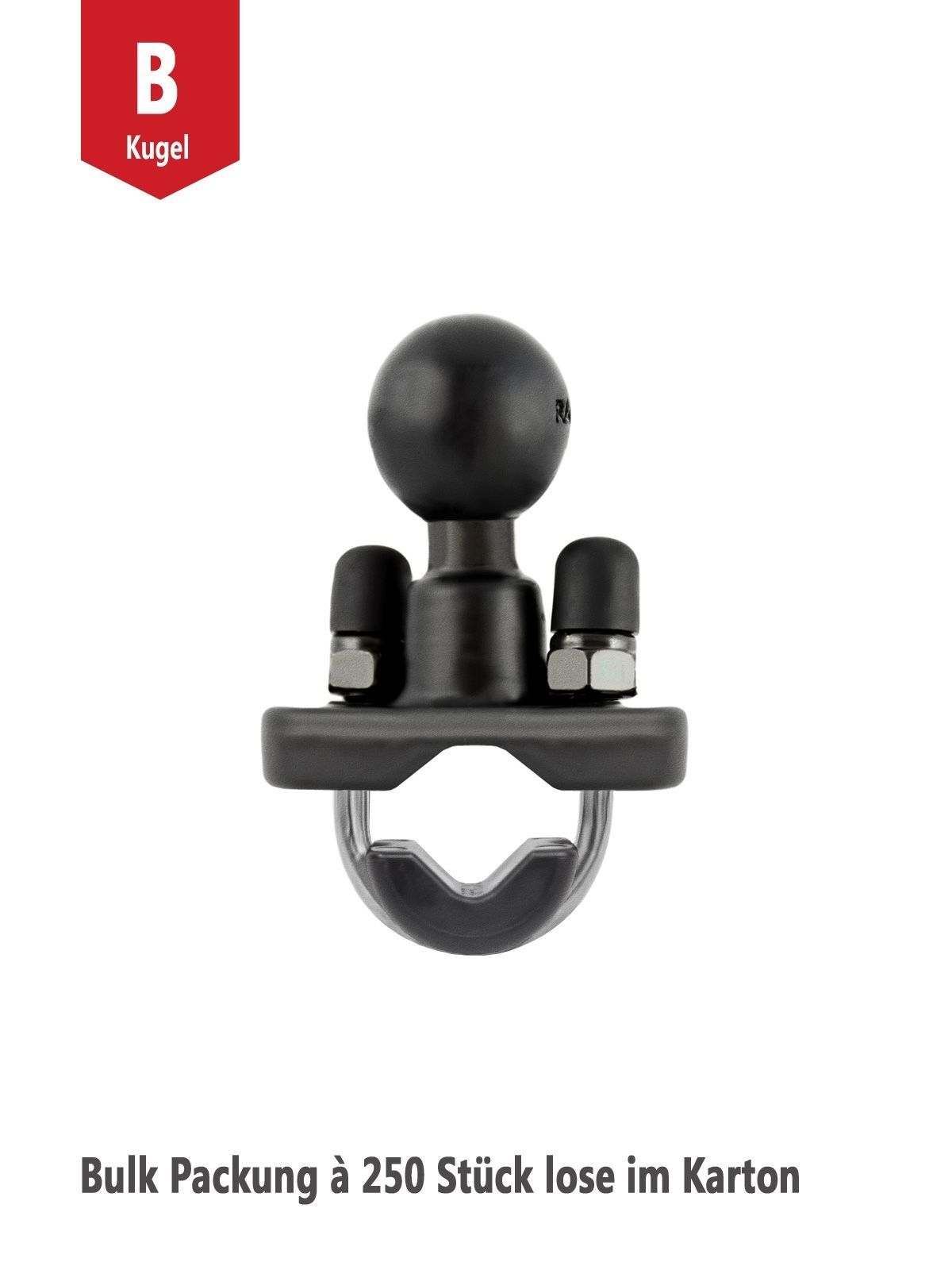 RAM Mounts Klemmschelle für Rohre/Lenkerstangen, B-Kugel (1 Zoll) - mit Durchmesser-Verkleinerer, Bulk Packung à 250 Stück (lose im Karton)