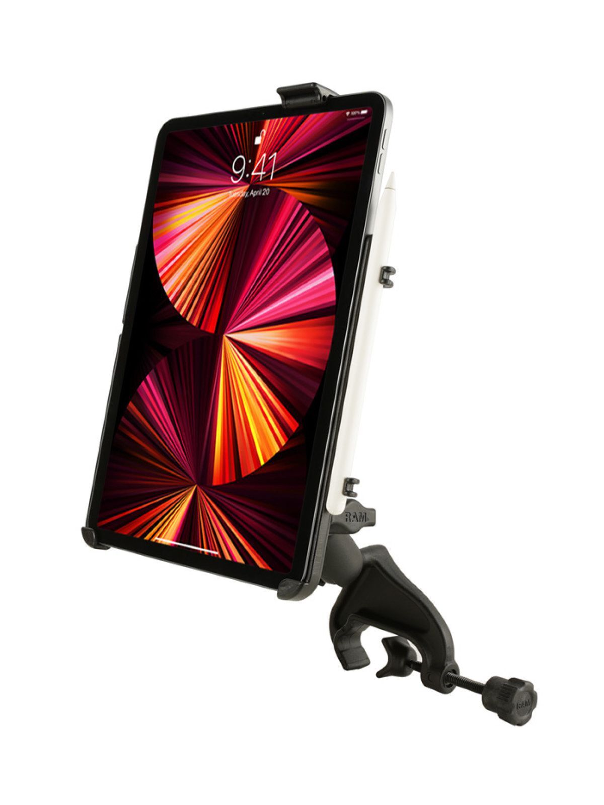 RAM Mounts Luftfahrt-Halterung für Apple iPad Pro 11" (1-4 Gen), Air 4, 5 & Air 11" (M2 & M3) - Runde Basisplatte - Mittlerer Verbindungsarm (ca. 94,74 mm) - Steuerhornklammer (Klemmbereich 15,87 mm - 31,75 mm) - B-Kugel (1 Zoll)