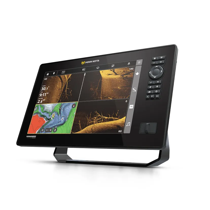 Das Minn Kota X12 Echolot mit 12 Zoll Bildschirm und aktivierter Sonar-Anzeige auf dem Display im Standfuß.