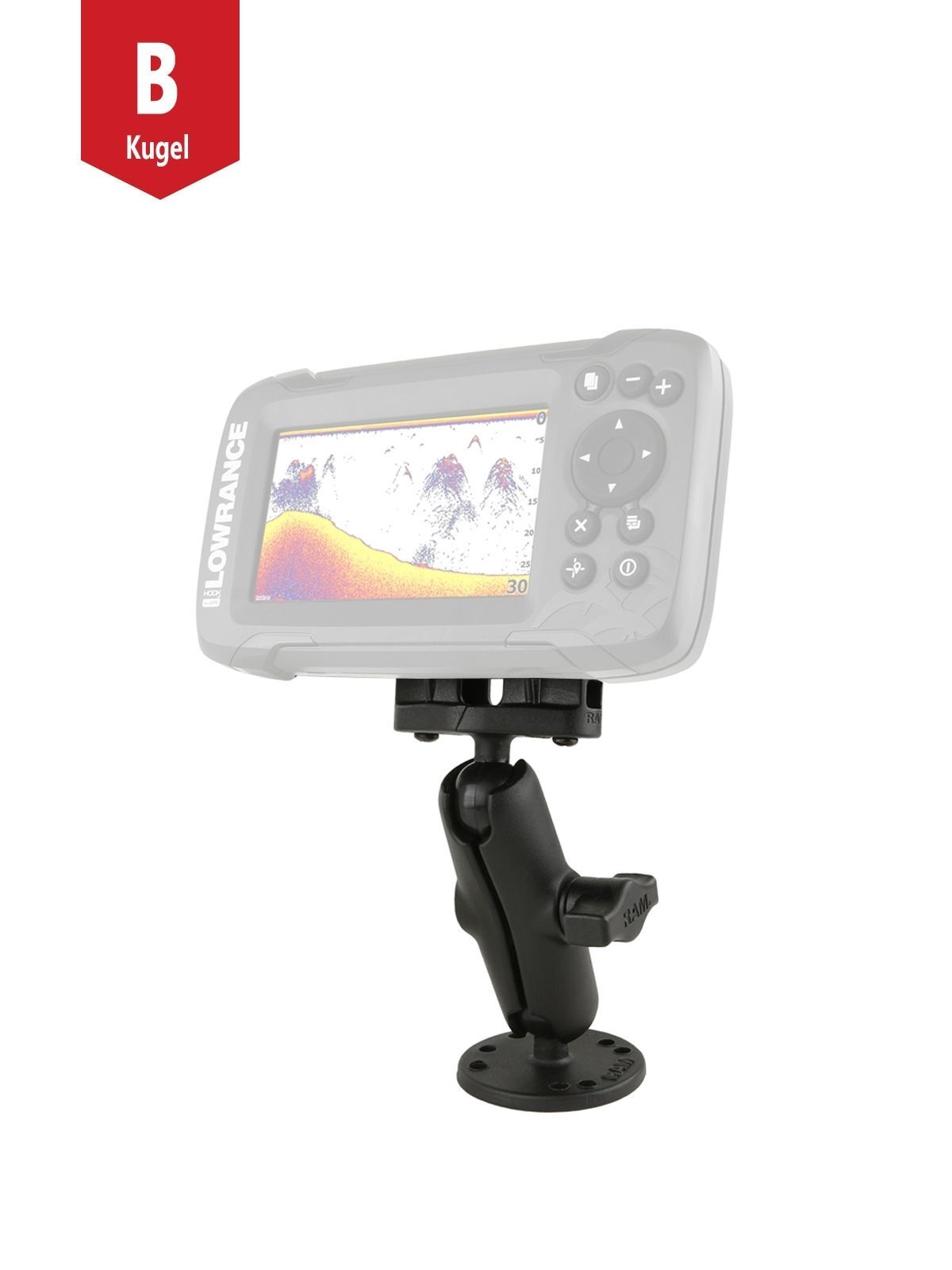 RAM Mounts Marine-Set für Lowrance Eagle 4 & 5, Hook & Reveal Series - B-Kugel (1 Zoll) - Runde Basisplatte (AMPS) - Mittlerer Verbindungsarm (ca. 152,4 mm) - Lowrance-Adapter