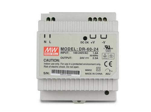 LED-Trafo MeanWell DR-60-24, 60 W, 88-264V / 47-63 Hz / 24 VDC, DIN-Schiene TS35/7.5, 93x78x56mm