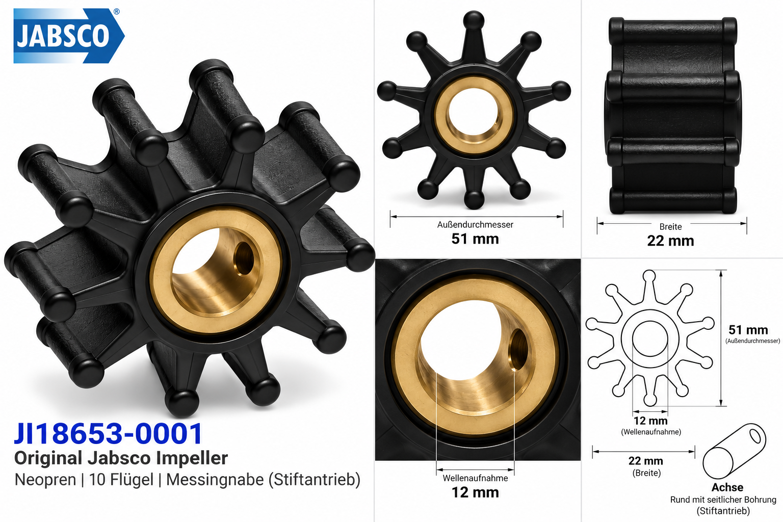 Jabsco Impeller-Kit mit Maßzeichnung zur Ansicht der Abmessungen