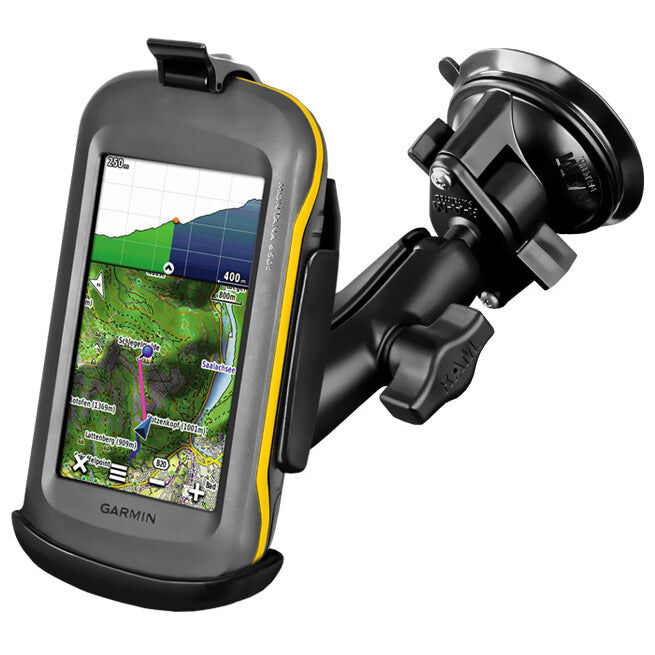 RAM Mounts Saugfuss-Halterung Garmin Montana Serie - mittlerer Verbindungsarm, 2x Diamond-Basisplatte (Trapez), Halteschale, B-Kugel (1 Zoll)