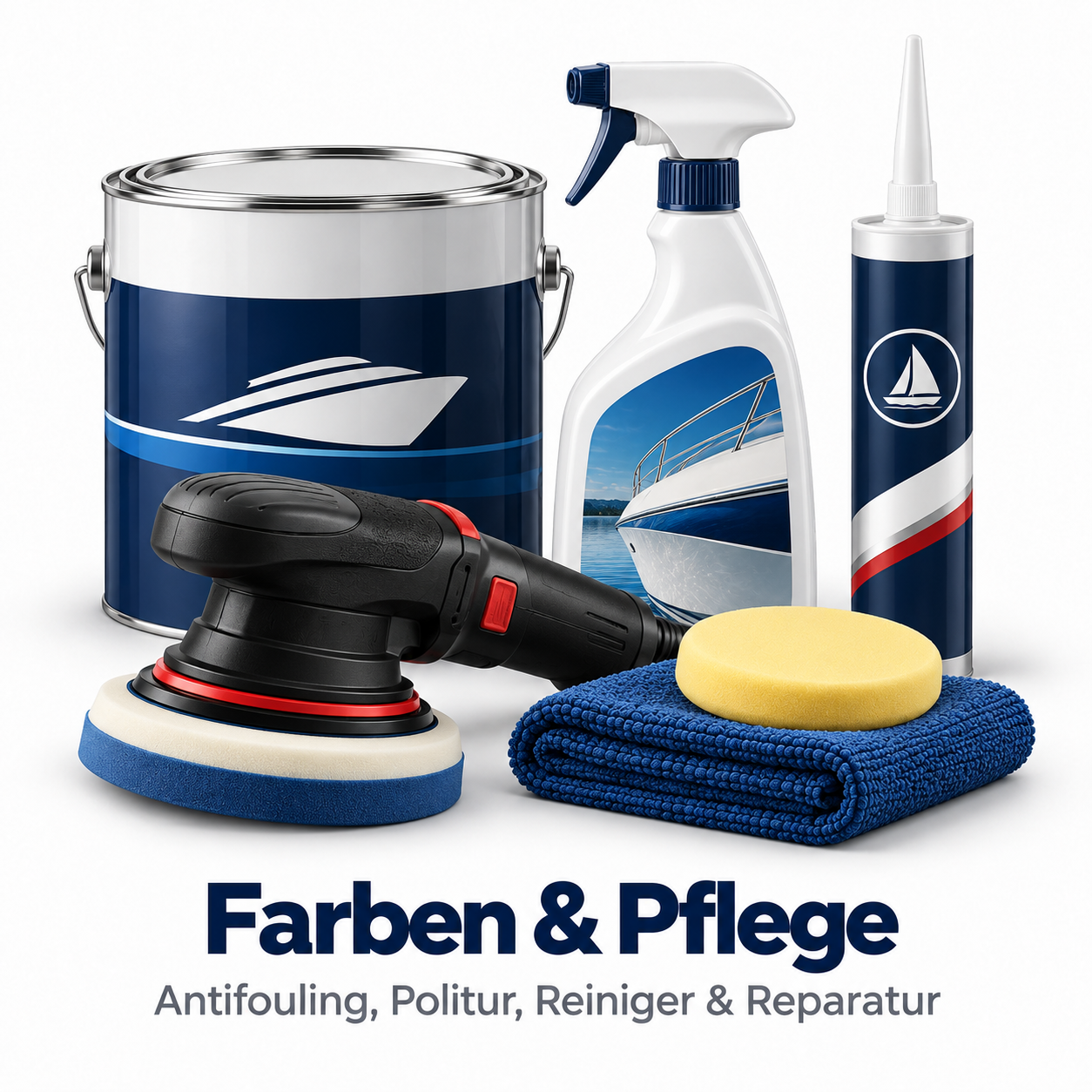 Bootszubehoer wie Farbeimer, Spruehflasche, Dichtstoffkartusche, Polstiermaschine und Mikrofasertuch mit gelbem Schwamm