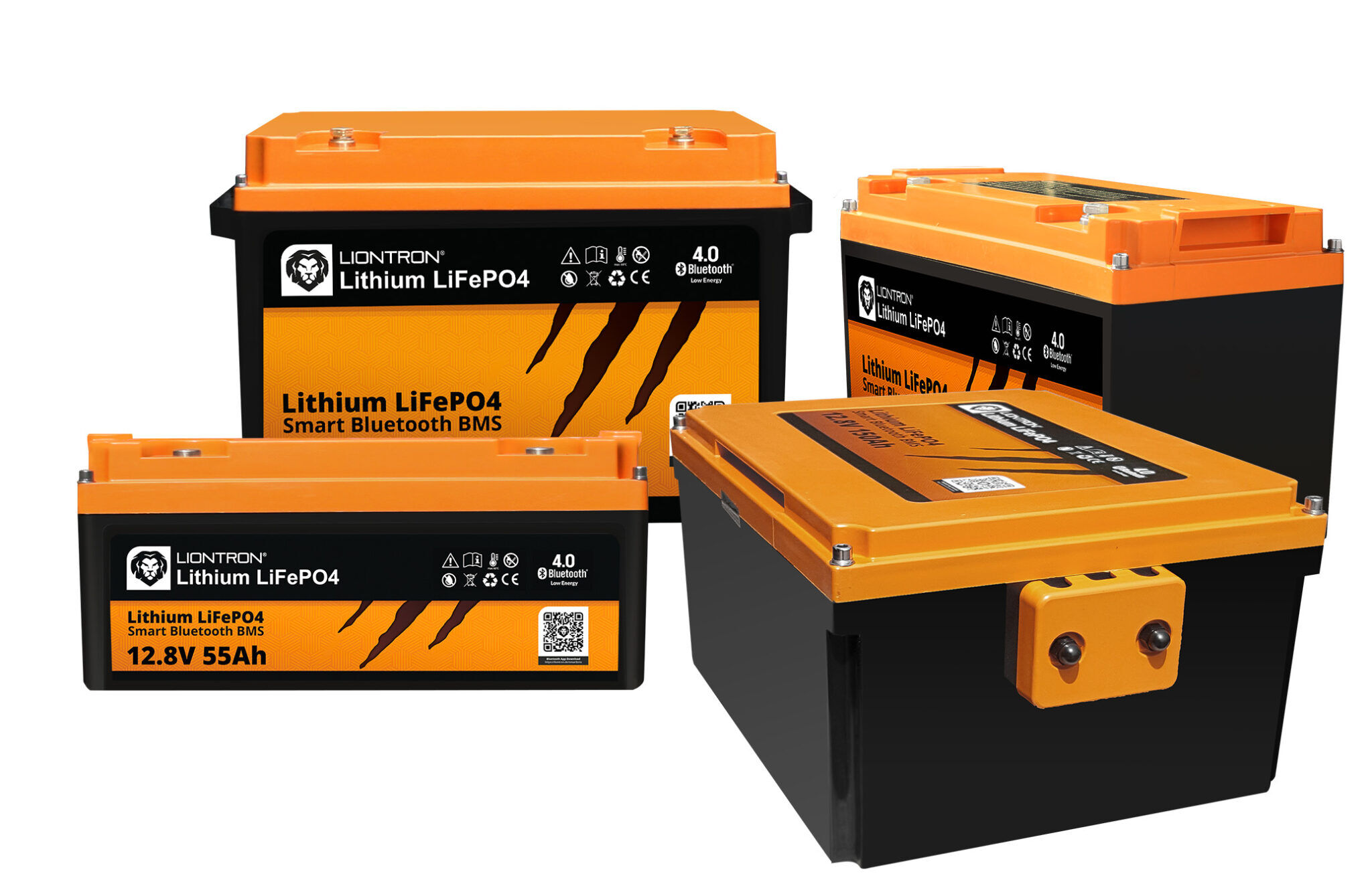 Mehrere schwarze Liontron LiFePO4 Lithium Batterien mit orangefarbenem Deckel in verschiedenen Grössen.