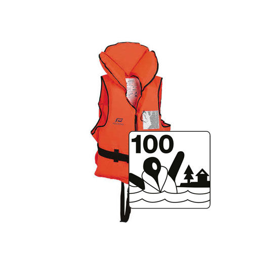 Rettungsweste 100N in Orange mit Kragen und schwarzem Gurtgurt auf weißem Hintergrund