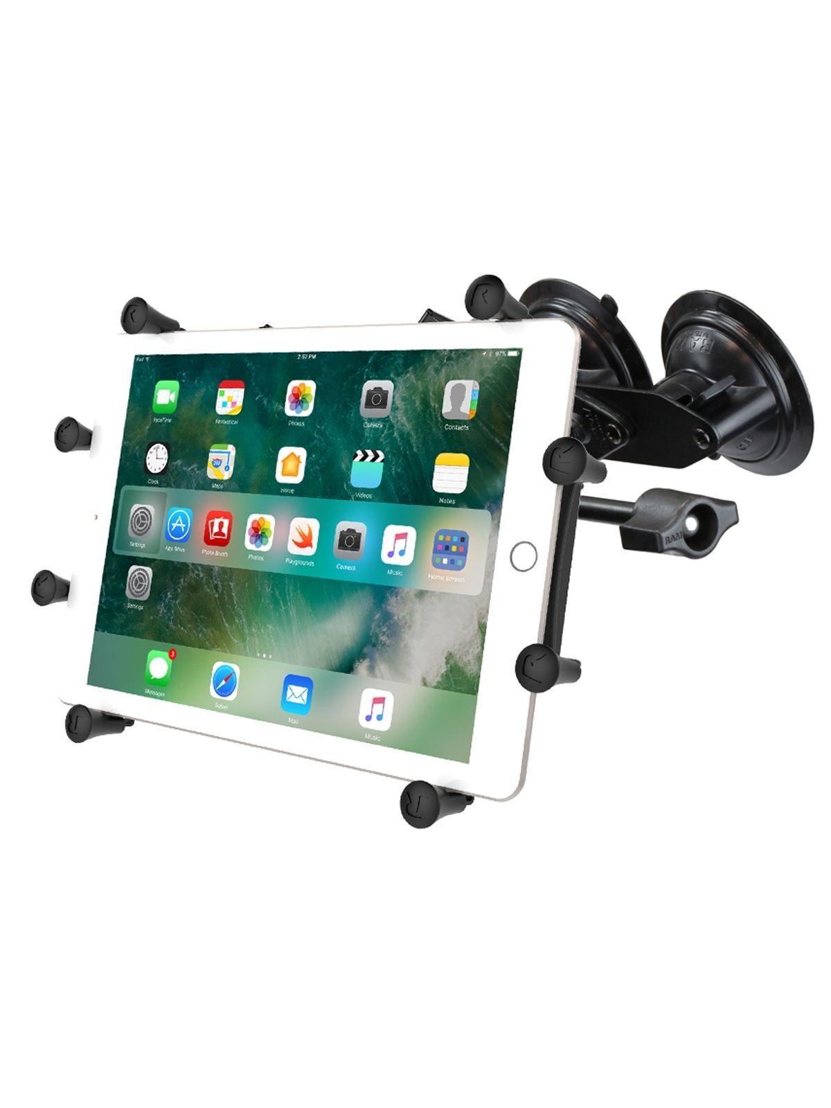 RAM Mounts Doppel-Saugfuss-Halterung für 9-10 Zoll Tablets - B-Kugel (1 Zoll), X-Grip Halteschale, mittlerer Verbindungsarm (langer Feststellhebel)