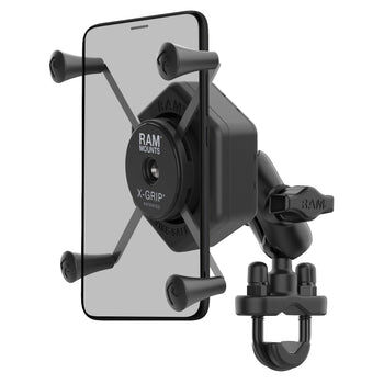 RAM Mounts X-Grip Lenker-/Rohr-Halterung für Smartphones bis 114,3 mm Breite mit Vibe-Safe Adapter - B-Kugel (1 Zoll), Rohr-Klemme, kurzer Verbindungsarm