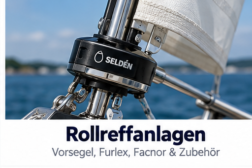Selden Rollreffanlage an einem Segelboot vor blauer Küstenkulisse auf dem Wasser