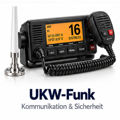 Schwarzes UKW-Funkgeraet mit orangem Display, Handmikrofon und separater weisser Stabantenne.