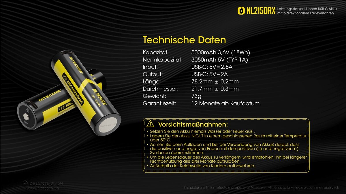 Nitecore Li-Ion Akku Typ 21700 - 5000mAh - NL2150RX mit Powerbank-Funktion