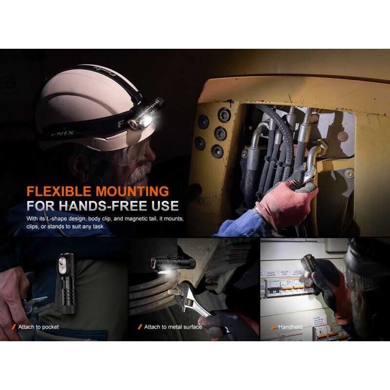 Die Fenix HM71R V2.0 LED Stirnlampe im Werkstatteinsatz mit flexiblen Montageoptionen wie Clip und Magnethalterung.