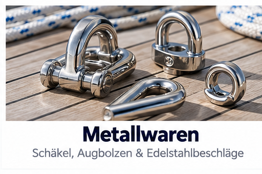 Verschiedene glänzende Edelstahlbeschläge wie Schäkel und Augenbolzen auf einem Holzdeck